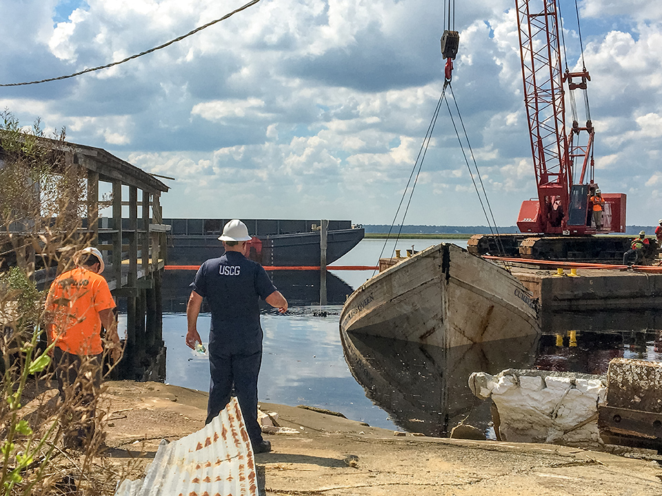 St. Mary's, GA, September 28, 2017 -- The 60 foot passenger ferry The Cumberland Queen was being raised from St. Mary's River where it sunk during Hurricane Irma. The Cumberland Queen is one of only two passenger ferries that provide the only access to Cumberland Island. Photo by Liz Roll/FEMA News Photo